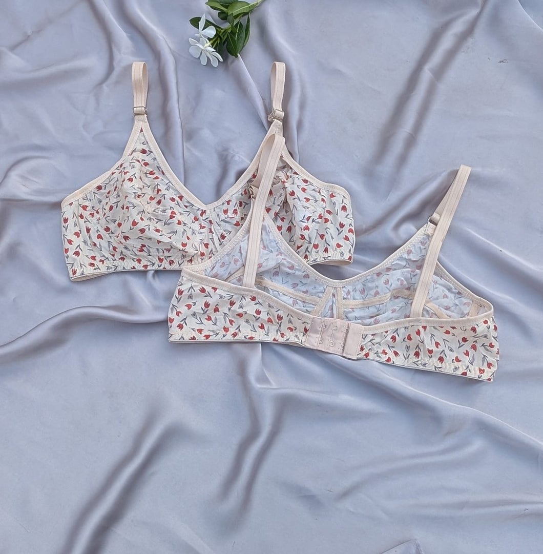 Red-Grey Flower Design Soft Cotton Non Padded Bra