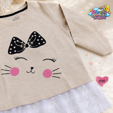 Load image into Gallery viewer, Dreamy Doodles Beige Kitty Bow Lace Hem Girls Top
