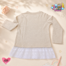 Load image into Gallery viewer, Dreamy Doodles Beige Kitty Bow Lace Hem Girls Top
