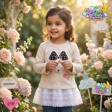 Load image into Gallery viewer, Dreamy Doodles Beige Kitty Bow Lace Hem Girls Top
