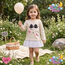 Load image into Gallery viewer, Dreamy Doodles Beige Kitty Bow Lace Hem Girls Top
