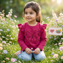 Load image into Gallery viewer, Dreamy Doodles Raspberry Butterfly Ruffle Sleeve Girls Top
