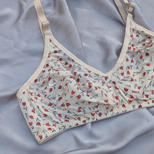 Load image into Gallery viewer, Red-Grey Flower Design Soft Cotton Non Padded Bra
