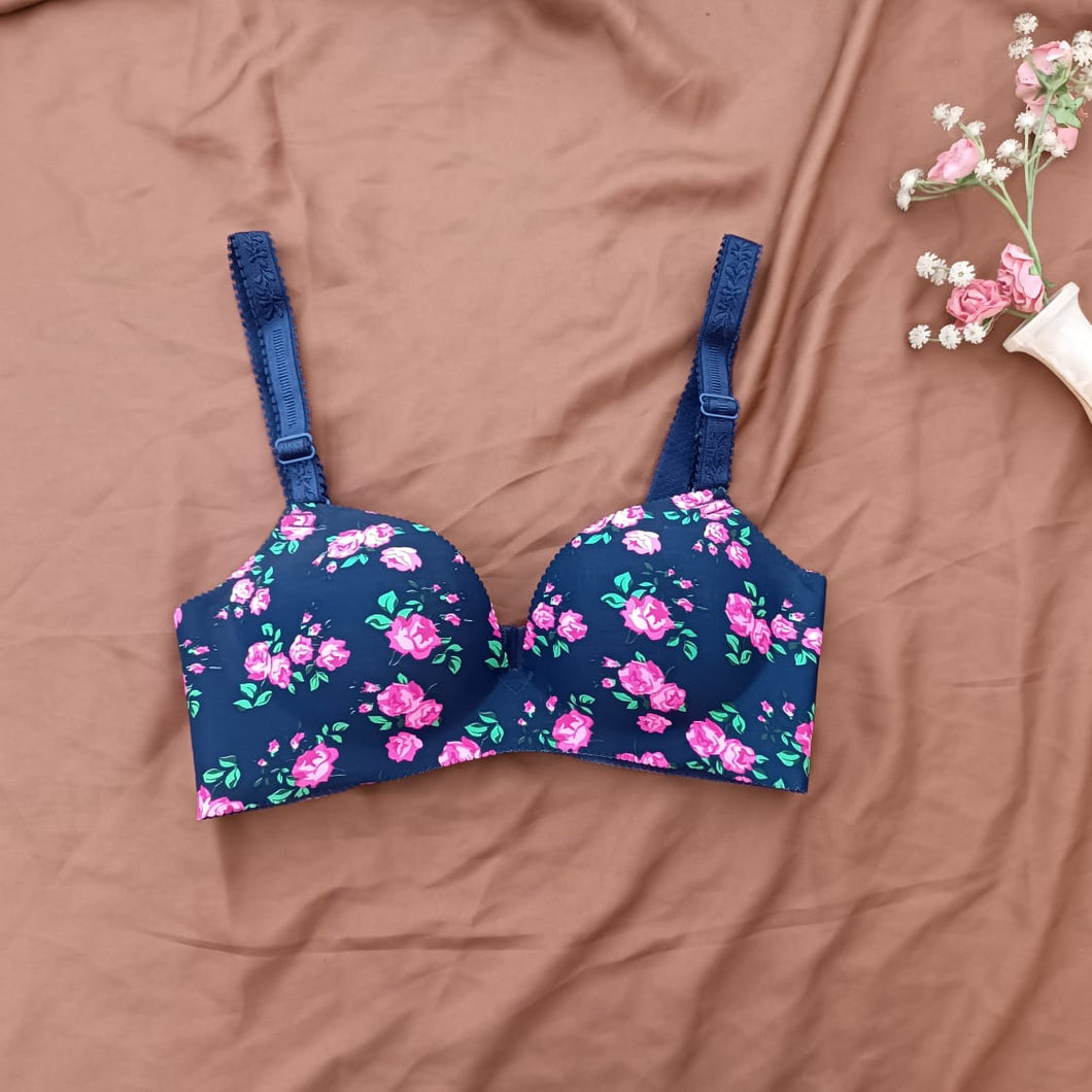 Blue Flowers Single Padded Wide Strap Bra With Removeable Straps