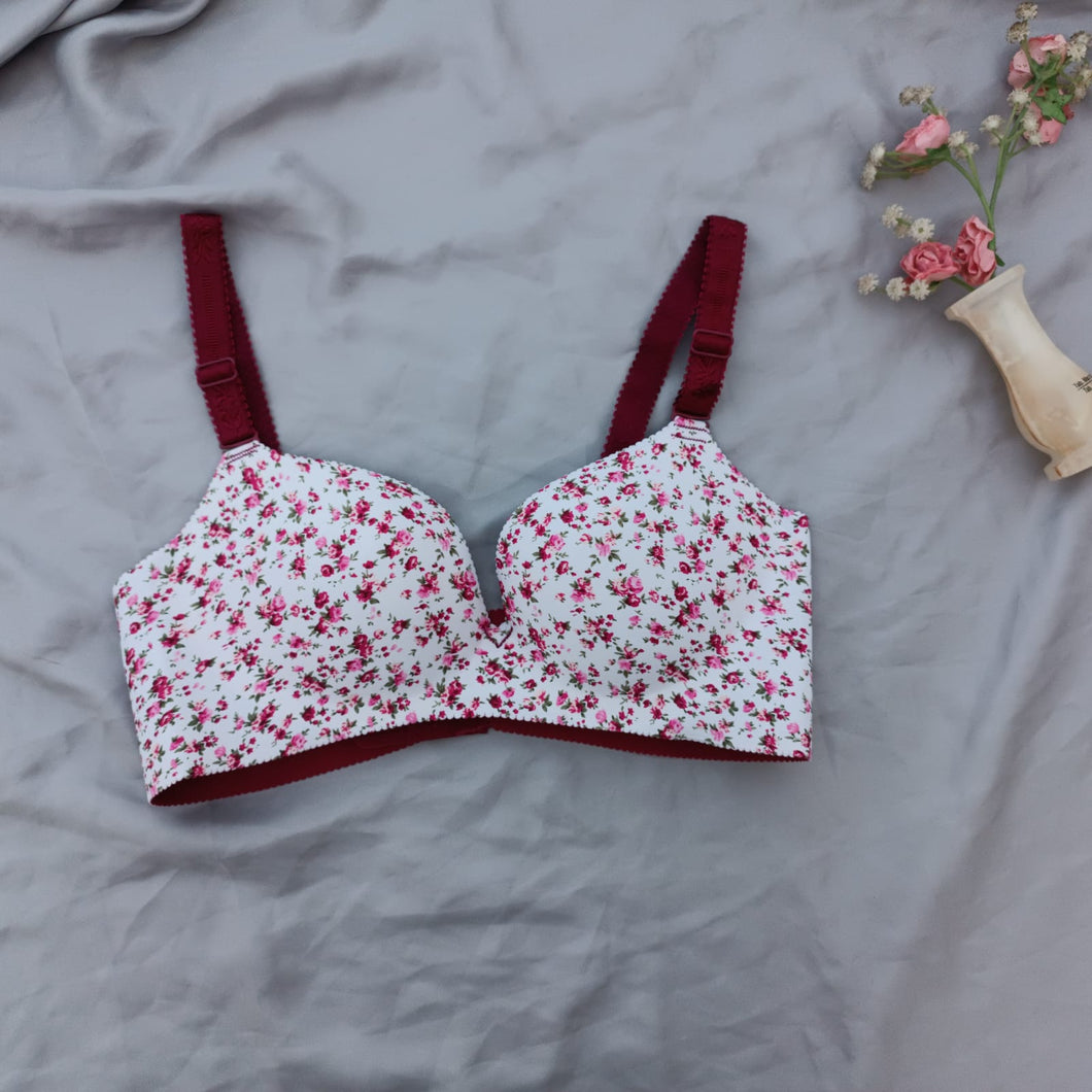 Small Red Flower Single Padded Wide Strap Bra With Removeable Straps