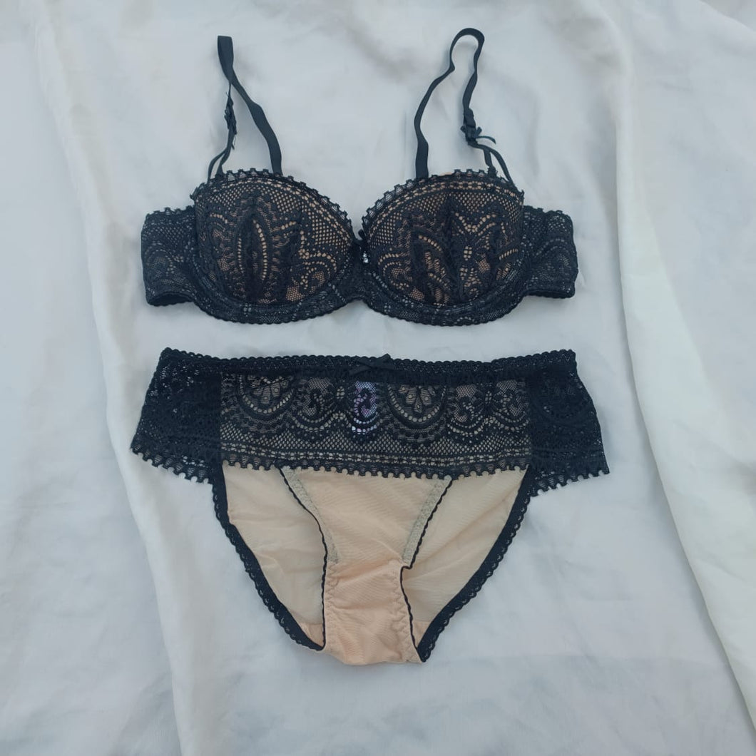 Double Stripped Very Thin Padded Half Cup Wired Pushup Bra & Panty Set