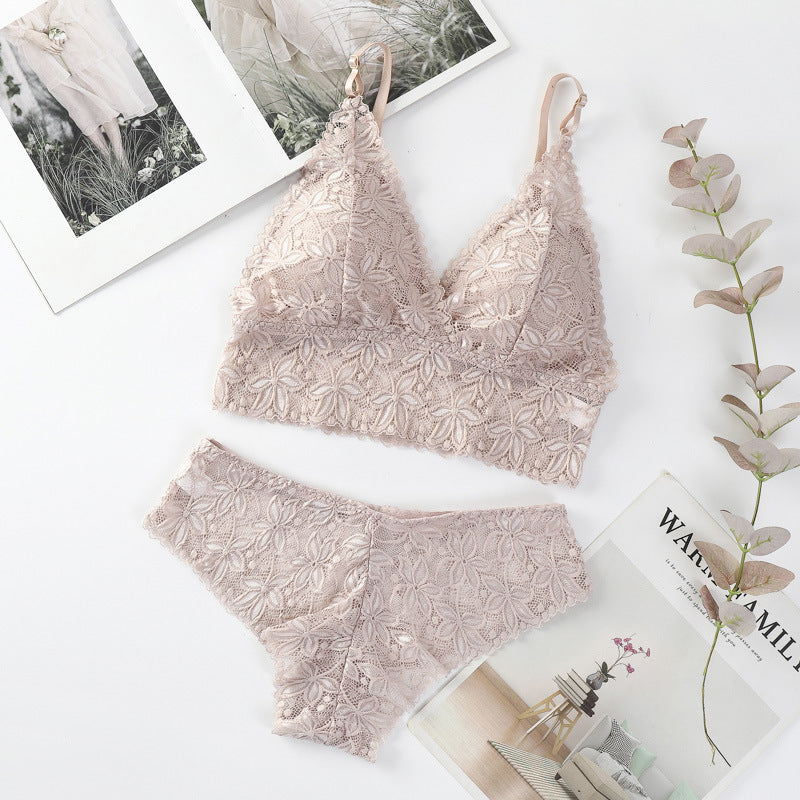 French Style V Cups Leaf Design Bra & Panty Set